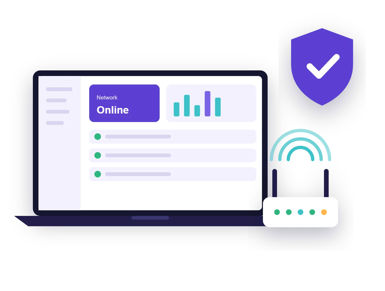 Laptop network dashboard, Wi-Fi router and security shield for small business IT support