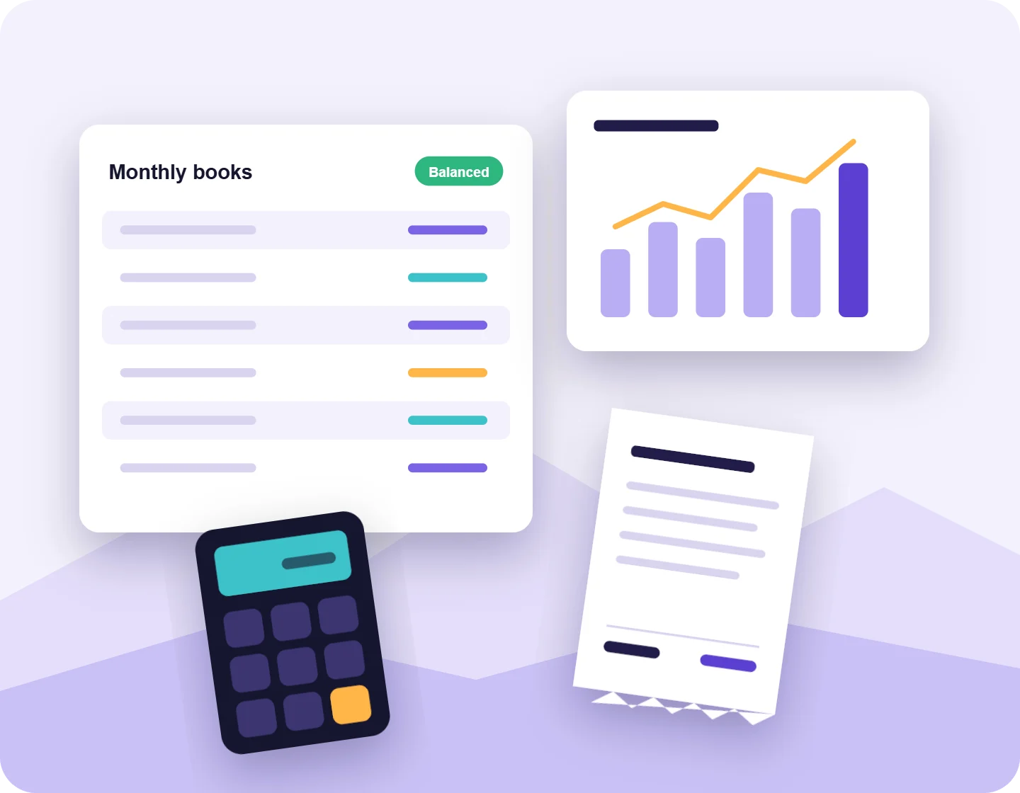 Balanced monthly books, revenue chart, receipt and calculator