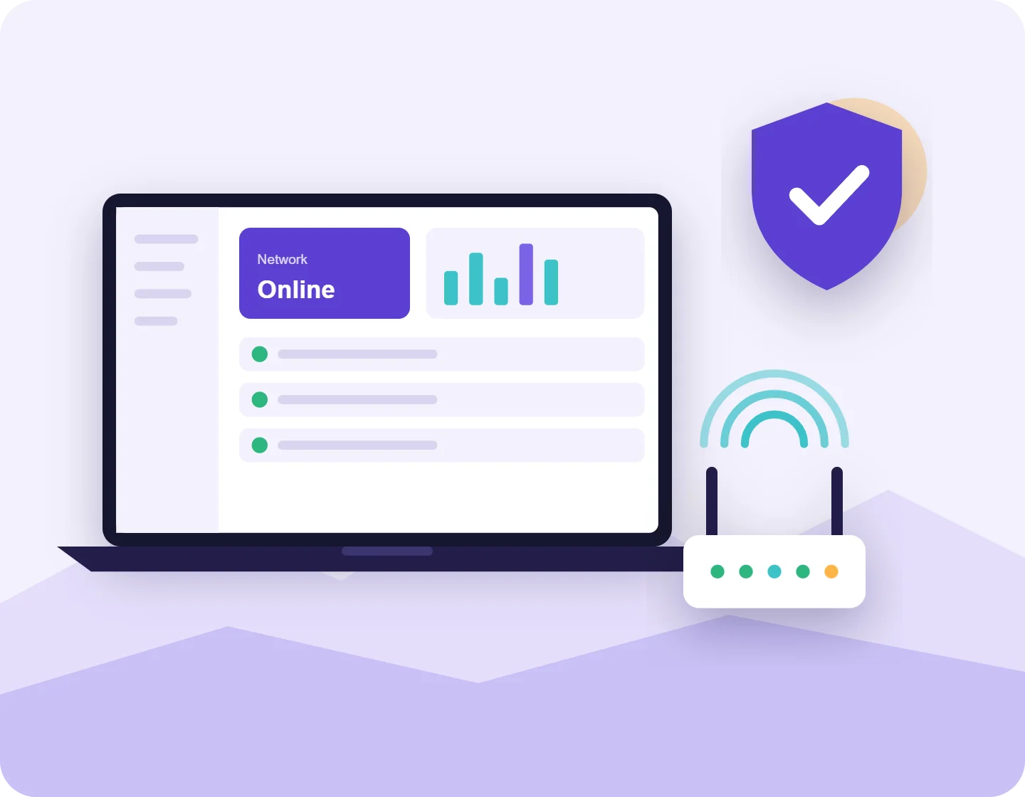 Business network dashboard, Wi-Fi router and security shield